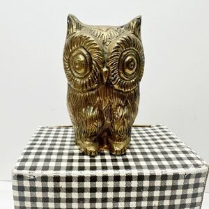 Vintage Solid Brass Owl Figurine / Paperweight 4" Woodland Desk Ornament Taiwan